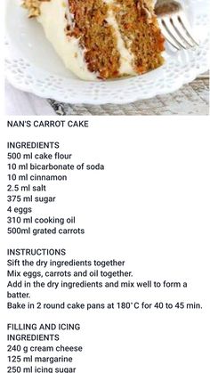 a piece of carrot cake on a white plate with a fork and instructions for how to make it