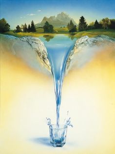 an artistic painting with water pouring out of the top and two hands in the middle