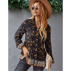 Black V Neckline Floral Print Long Sleeve Blouse Bohemian Button-up Blouse For Vacation, Black Long Sleeve Top With Boho Print, Boho Collar Long Sleeve Vacation Top, Casual V-neck Blouse With Boho Collar, Fall Vacation Top With Boho Collar, Black Boho Print Tops For Spring, Spring Black Boho Print Tops, Boho Print Long Sleeve Blouse For Day Out, Rayon Top For Vacation In Fall