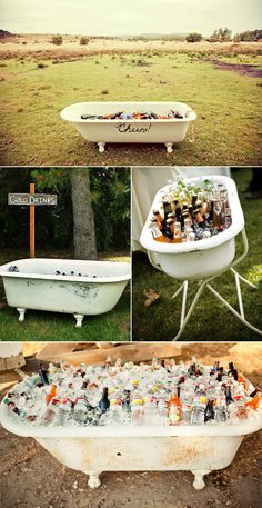 an old bathtub filled with lots of sushi and other things to eat in it