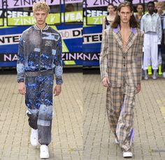 Natasha Zinko 2019 Spring Summer Mens Runway Catwalk Looks Collection - London Fashion Week Collections UK - Streetwear Nest Print Polo Short Sleeve Shorts Patchwork Layers Deconstructed Combo Panels Denim Jeans Athleisure Trackwear Sweatshirt Plaid Check Suit Blazer Slouchy Pants Uk Streetwear