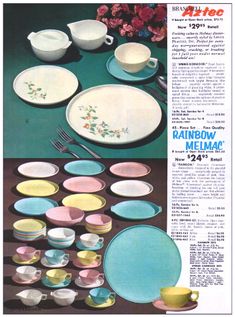 an old advertisement for rainbow melmac with dishes and cups on the table in different colors