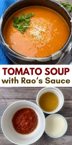 Image of tomato soup and the three ingredients that make it 2 Ingredient Tomato Soup, Rao Marinara Tomato Soup, Raos Tomato Soup Recipe, Pasta Sauce Tomato Soup, Raos Tomato Basil Soup, Tomato Soup From Pasta Sauce, Tomato Soup With Pasta Sauce, Tomato Soup With Spaghetti Sauce, Tomato Soup From Spaghetti Sauce