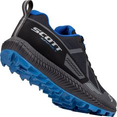 the shoe is black and blue with an upper part that says scott on it's side