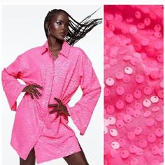 Gorgeous Pink Mini Dress H&M Sequined Shirt Dress Pink Festive New S Armpit To Armpit 22.5", Length 34" Long Sleeve Shirt Dress For Summer Nights, Spring Mini Dress With Sequins And Long Sleeves, Long Sleeve Shirt Dress For Spring Night Out, Short Sleeve Shirt Dress For Night Out In Spring, Spring Night Out Collared Shirt Dress, Party Short Sleeve Shirt Dress, Summer Collared Dress For Night Out, Collared Summer Dress For Night Out, Spring Collared Shirt Dress For Night Out