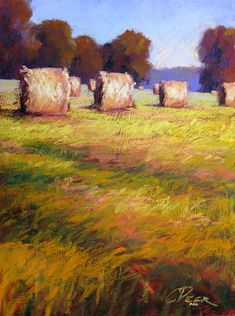 a painting of hay bales in a field