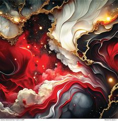 an abstract painting with red, white and gold colors in the middle of it's image