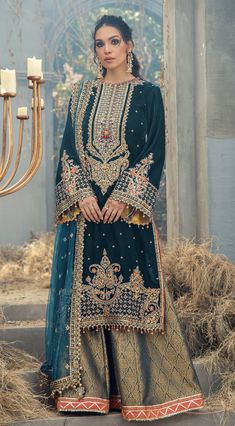 Jamawar Dresses Pakistani, Jamawar Dresses, Pakistani Velvet Suits, Velvet Pakistani Dress, Bollywood Suits, Dresses Pakistani, Sequence Embroidery, Velvet Sleeve, Salwar Kamiz