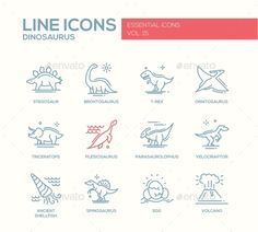 line icons depicting the different types of dinosaurs and other animals in their natural habitats