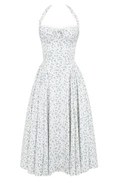 Fall for the retro-inspired silhouette of this halter dress designed with a pleated corseted bodice and a flared skirt. Exclusive retailer Halter neck Lined 65% cotton, 32% nylon, 3% elastane Dry clean Imported Corset Dress Casual, Modern Genshin, Chloé Dress, Floral Skirt Outfit, Delicate Heels, Genshin Dr, Floral Skirt Outfits, Cottage Dress, Gown Sewing Pattern