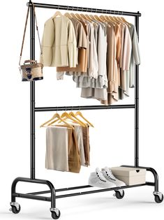 a rack with clothes and shoes on it