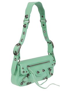 Green shoulder bag, magnetic closure, metal details, with adjustable shoulder strap, zip pocket in front. This item is in size UNI and the color is Green Trendy Green Shoulder Bag With Metal Hardware, Daily Use Green Shoulder Bag With Metal Hardware, Green Balenciaga Bag, Balenciaga Shoulder Bag, Balenciaga Sleeve Bag, Leather Cap, Green Bag, Green Leather, Casual Bags