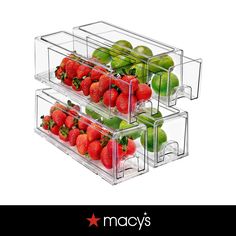 three clear plastic containers filled with strawberries and limes on top of each other