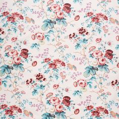 an image of a flowered fabric with red and blue flowers on white background for wallpaper