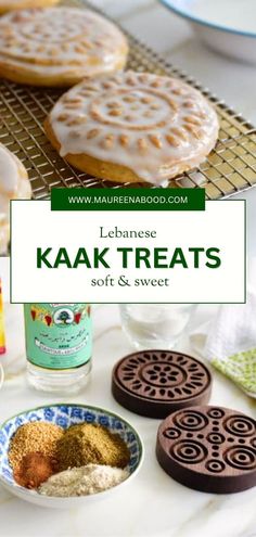 some cookies and other desserts on a cooling rack with the words lehnse kaak treats soft & sweet