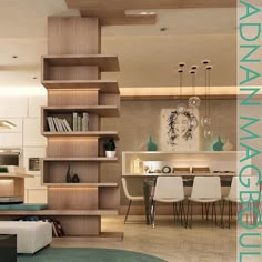 a living room filled with furniture and bookshelves next to a dining room table