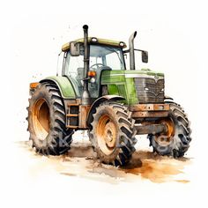 a drawing of a green tractor with large wheels on it's flatbeds