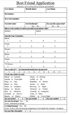 the best friend application form is shown