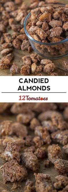 a bowl full of candied almonds sitting on top of a wooden table