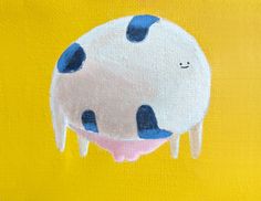 a painting of a blue and white cow on a yellow background