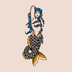 a drawing of a mermaid with blue hair on it's belly and tail, holding a fish in her hand