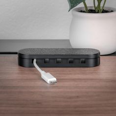 a close up of a power strip on a table with a plant in the background