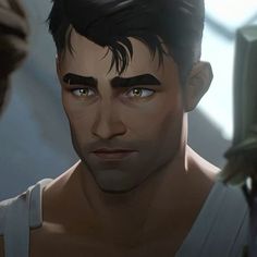 an animated image of a young man with dark hair and eyes looking at another person