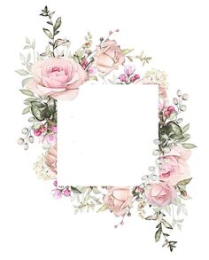 a square frame with pink flowers and greenery around it, on a white background