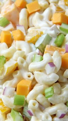 macaroni salad with cheese, celery and onions in a white bowl