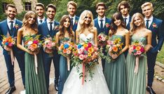 a group of people standing next to each other wearing suits and holding bouquets in their hands