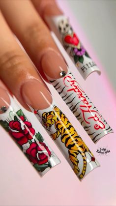 Nail art, nail inspo, acrylic nails Ed Hardy Nails, Casino Nails, Tiger Nail Art, Inspo Acrylic Nails, Nail Inspo Acrylic, Tattoo Nails, Acrylic Toes, Cheetah Nails