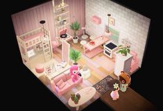 an overhead view of a doll house with furniture