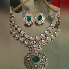 Very Lavish Beautifully Crafted Green Large Moissanite With Cz Stones On Gold Plated Necklace Set With Matching Earrings. Green And Gold Jewelry Set, Cz Necklace Indian Gold, Bridal Diamond Jewellery, Gold Jewelry Sets, Cz Necklace, Stone Gold, Diamond Jewellery, Gold Plated Necklace, Victorian Style