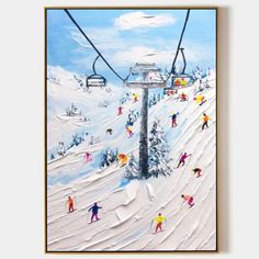 a painting of people skiing down a ski slope on a chairlift above the snow