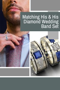 two men's wedding bands with blue stones on them and the words matching his & his diamond wedding band set