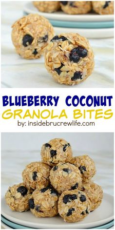 blueberry coconut granola bites on a plate with the title above it and below