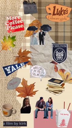 the collage shows people sitting and walking around with autumn leaves, coffee cups, and other items