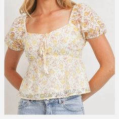 Brand New Condition True To Size Adorable! Rayon & Polyester Casual Lemon Print Tops For Spring, Spring Cotton Top With Lemon Print, Spring Cotton Tops With Lemon Print, Spring Lemon Print Cotton Top, Printed Yellow Tops For Brunch, Yellow Printed Top For Brunch, Cream Printed Tops For Summer, Spring Lemon Print Short Sleeve Tops, Feminine Yellow Floral Print Tops