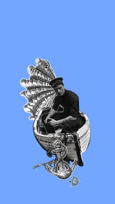 a man sitting on top of a wooden boat filled with lots of silverware in front of a blue sky