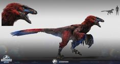 an image of two dinosaurs in the same scene, one is red and one is blue