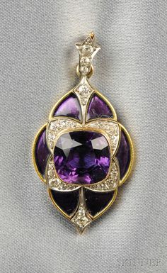 Edwardian 18kt Gold, Amethyst, Enamel, and Diamond Pendant, Marcus & Co. Edwardian Necklace, Purple Jewelry, Purple Earrings, Pendant Gold