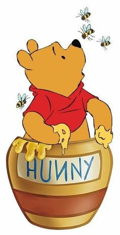 a winnie the pooh bear sitting in a honey jar with bees flying around it