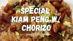 the words special kim ping w / chorizzo are in front of an image of nuts