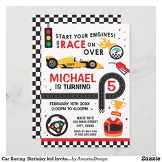 a race car birthday party card