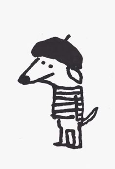 a drawing of a dog with a hat on it's head and wearing a striped shirt