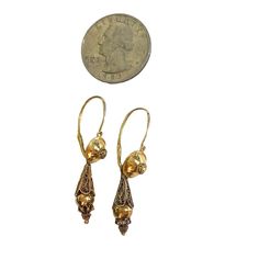 Elegant Early 19th Century  hand made  18k Gold Portuguese Filigree Bomb drop earrings with a hook front hinge . with amazing work,  not Stamped ,they can be detached and used both way  3.8 grams .1.5" H by 0.25" w by 0.25" D Antique Yellow Gold Drop Earrings, Victorian Yellow Gold Drop Earrings, Victorian Yellow Gold Earrings With Intricate Design, Victorian 14k Gold Filigree Earrings, Vintage 14k Gold Filigree Earrings, Victorian Hallmarked 14k Gold Earrings, Ornate 14k Gold Earrings, Victorian Dangle Earrings For Formal Occasions, 14k Gold Victorian Filigree Earrings