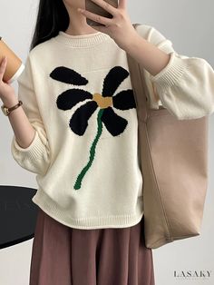 Lasaky - Womens Knit Sweater with Floral Patterning, Long Sleeve Casual Crew Neck, and Fashionable Design. Womens Knit Sweater, Knitting Women, Long Sleeve Casual, Beige Color, Long Sleeve Sweater, Knit Sweater, Knit Fabric, Knitting Patterns, Knitted Sweaters