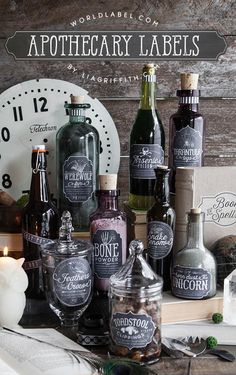 an assortment of apothecary labels and bottles