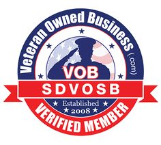 a red, white and blue logo with the words vob sdvosb established in 2003