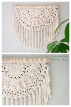 two pictures of the same macrame hanging on a wall, one is white and the other is crocheted